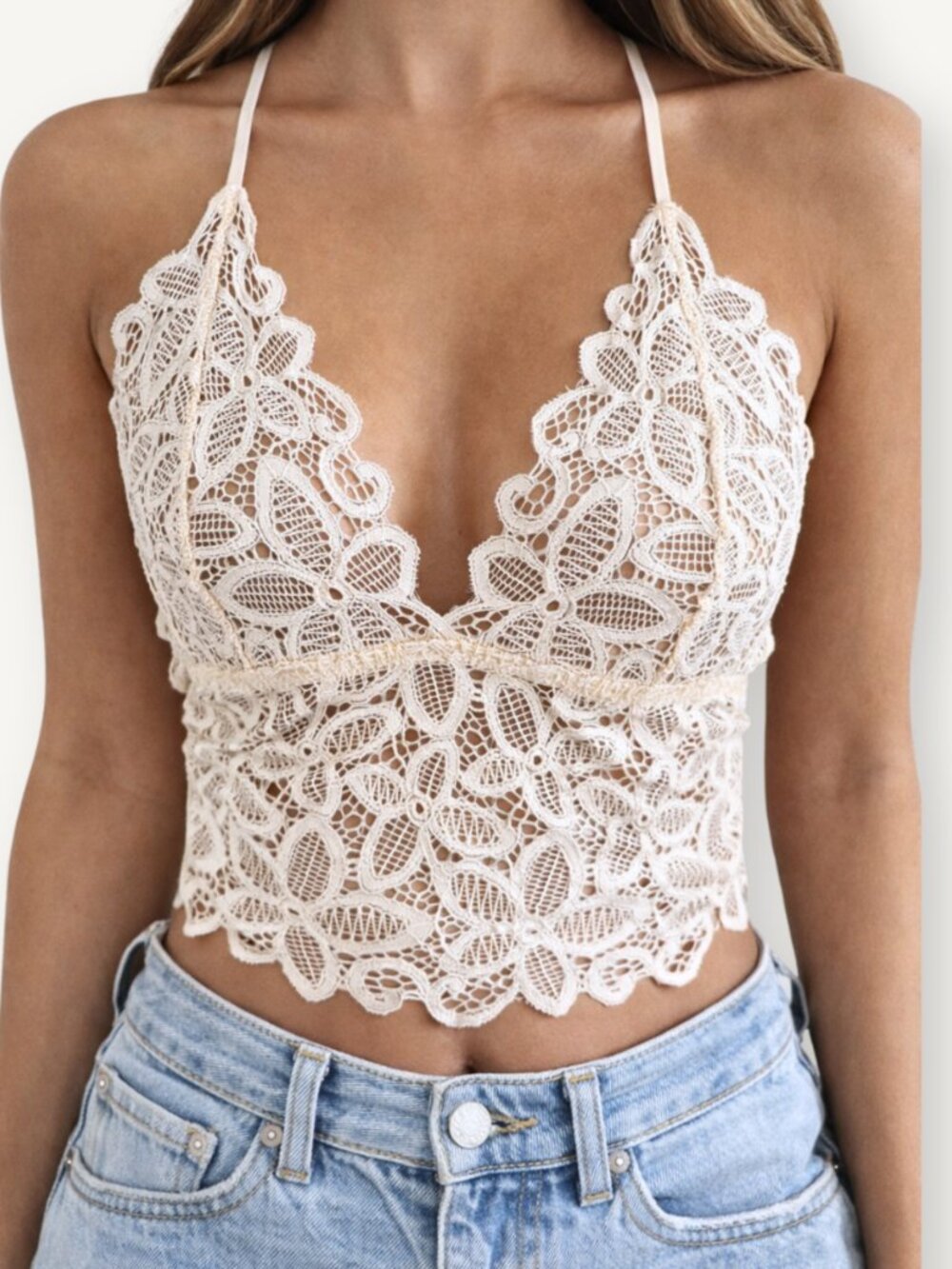 NWT Ivory Racerback Lace Bralette Floral Crochet Boho Size M
